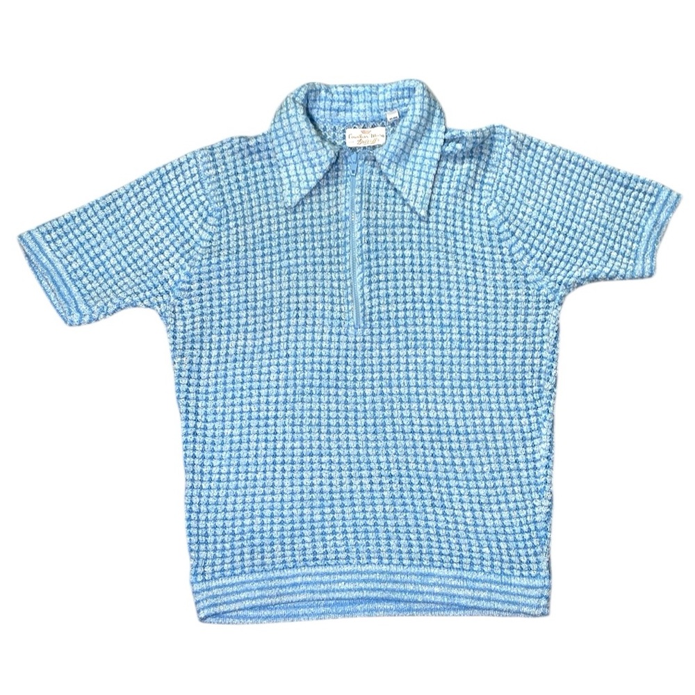 Vintage countess Mara knit polo shirt blue & white waffle textured zip front